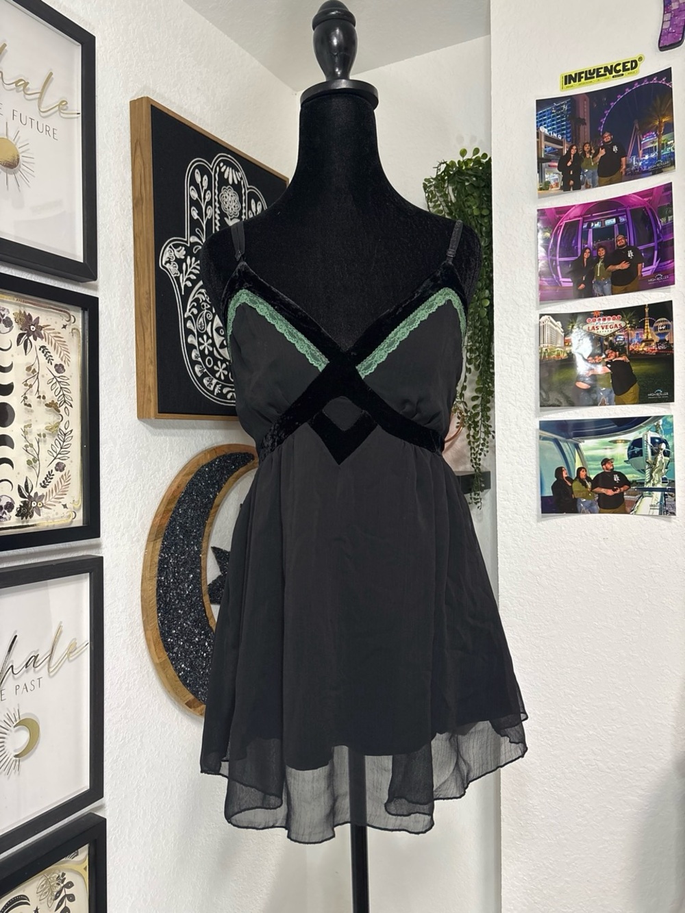 Art Moon Star Black Slip Dress Medium Green Lace Velvet Trim Whimsigoth Goth Y2K